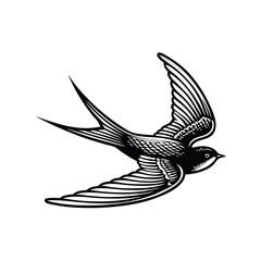 A sleek, stylized bird in flight with layered, intricate wings, showcasing a complex pattern of feathers.