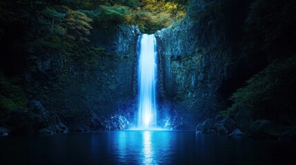 Solitary fall encased by lush cliffs and golden glow