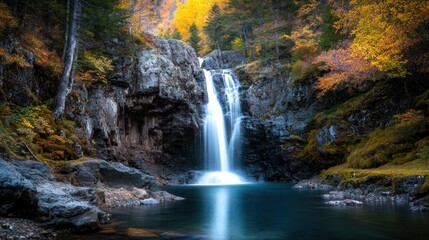 Fototapeta premium Serene waterfall nestled in vibrant autumn forest view.