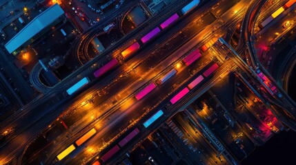 Nighttime aerial view of a brightly lit freight terminal, highlighting the scale of global cargo operations