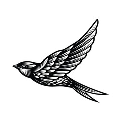 A stylized, sleek bird in flight with layered, complex wings. The bird is a symbol of freedom and grace.