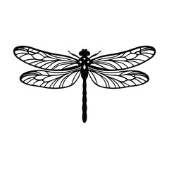 A minimalist, sleek black silhouette of a dragonfly with intricate, detailed wings.