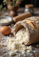 Flour spilling from bag with egg and baking tools on wooden table