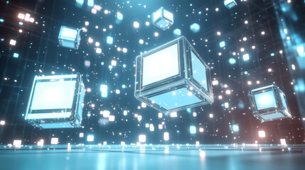 Floating digital cubes in futuristic abstract space