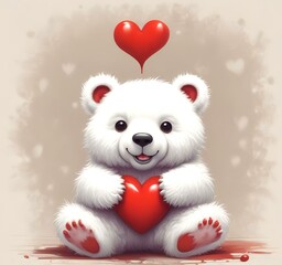 Illustration of fluffy bear with red heart.