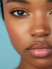 Fototapeta premium Nahaufnahme eines afrikanischen Gesichts vor türkisfarbenem Hintergrund, Fokus auf Augen und Lippen, natürliches Make-up, weiche Beleuchtung, professionelle Beauty-Fotografie