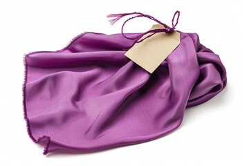 Silky purple fabric tied elegantly featuring a blank gift tag placed on a smooth backdrop.