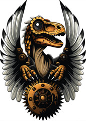 A majestic velociraptor, adorned with intricate steampunk gears and a gleaming metal wing, stands proudly in a dimly lit workshop.