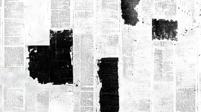 Vector white and black newspaper paper grunge vintage old aged texture. Vintage grunge newspaper collage background. Newspaper with old grunge vintage unreadable paper texture background.