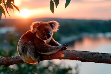Obraz premium A koala is sitting on a tree branch by a body of water