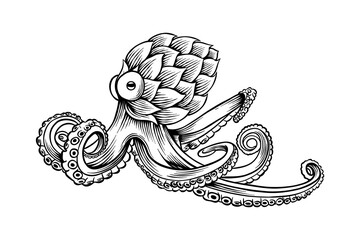 black and white illustration of octopus hops © Ibnu