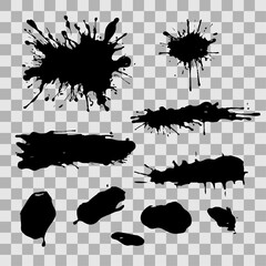set of black splashes on a transparent background. the blots come in different sizes and shapes, creating a chaotic and disorderly appearance.