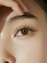 綺麗な若いアジア人女性の目元のクローズアップ｜目・まつ毛・眉毛の美しいメイクの美容ポートレート