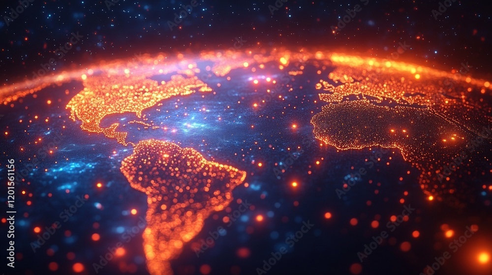 Poster global network concept represented by illuminated earth with bright points of light emphasizing comm