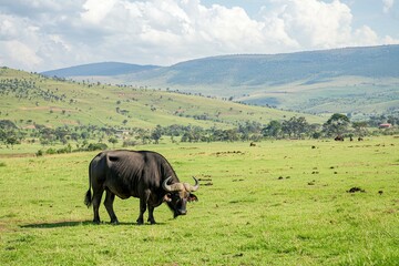 An African buffalo grazing in a lush green field with a backdrop of rolling hills