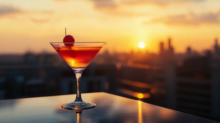 cosmopolitan cocktail served on a rooftop bar at sunset, with a blurred cityscape in the background and a glowing golden hue