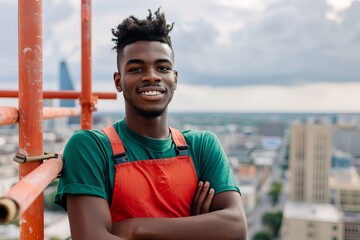 A man in a green shirt and red apron is smiling and posing for a picture