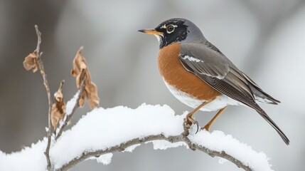 Bird Perched on Snow-Covered Branch in Winter Scene