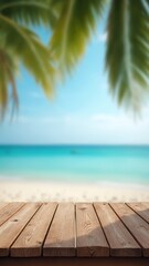 Fototapeta premium Empty old wood table top and blurred seascape and palm tree, blur bokeh light of calm sea and sky at tropical beach background
