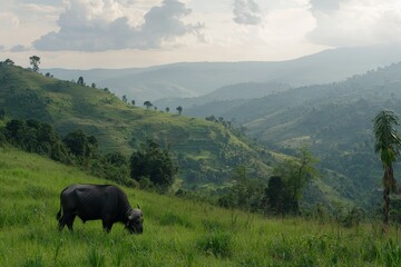An African buffalo grazing in a lush green field with a backdrop of rolling hills