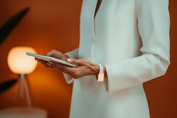 Professional woman engaged with tablet in modern indoor setting during evening hours