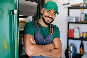 A man in a green shirt and blue apron is smiling and posing for a picture