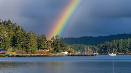 Colorful Rainbow Over Tranquil Coastal Landscape