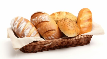 A bread basket with assorted rolls isolated on white background