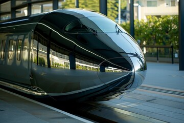 Fototapeta premium A sleek, modern train at a station, showcasing its reflective surface and aerodynamic design.