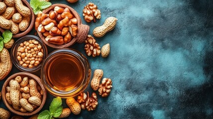 Assorted nuts and oil in bowls on dark background.