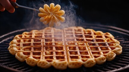 A steaming waffle is being decorated with a floral design, showcasing a delicious and intricate culinary creation.