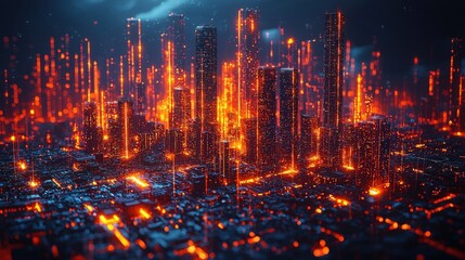 A futuristic cityscape with glowing orange lights. Perfect for a sci-fi movie poster or game cover.