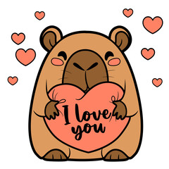Cute cartoon capybara hold soft pillow heart on white background