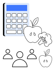 Calculator beside apple and broccoli symbolizes healthy eating and budgeting. User icons suggest collaboration or target audience. Ideal for diet planning, fitness, budgeting, teamwork, education