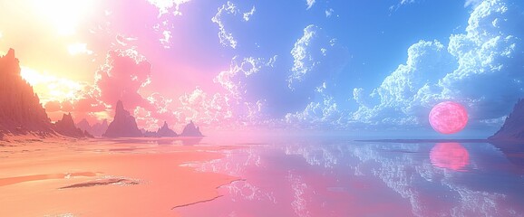 Pastel sunset over calm water reflecting a pink moon and distant mountains.