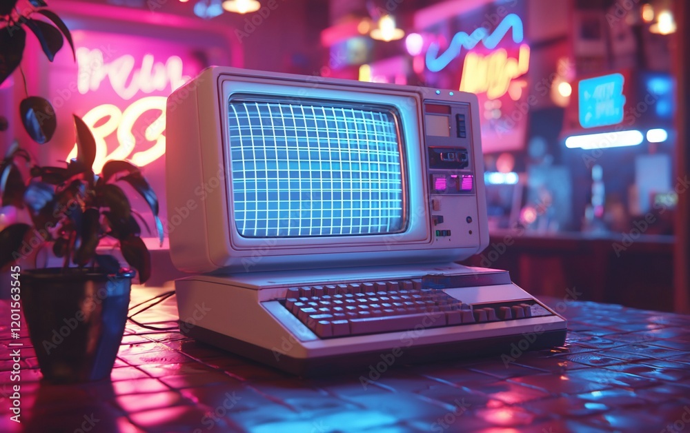 Poster retro computer on table in neon lit bar.