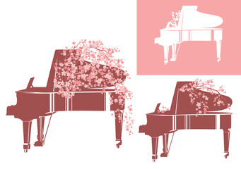 grand piano for outdoors classical music concert or spring festival decorated with sakura tree branches covered with pink flower blossom vector design set
