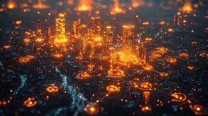 Obraz premium Futuristic cityscape at night with glowing orange lines connecting buildings. Ideal for technology backgrounds, smart city concepts, and cyberpunk themes.