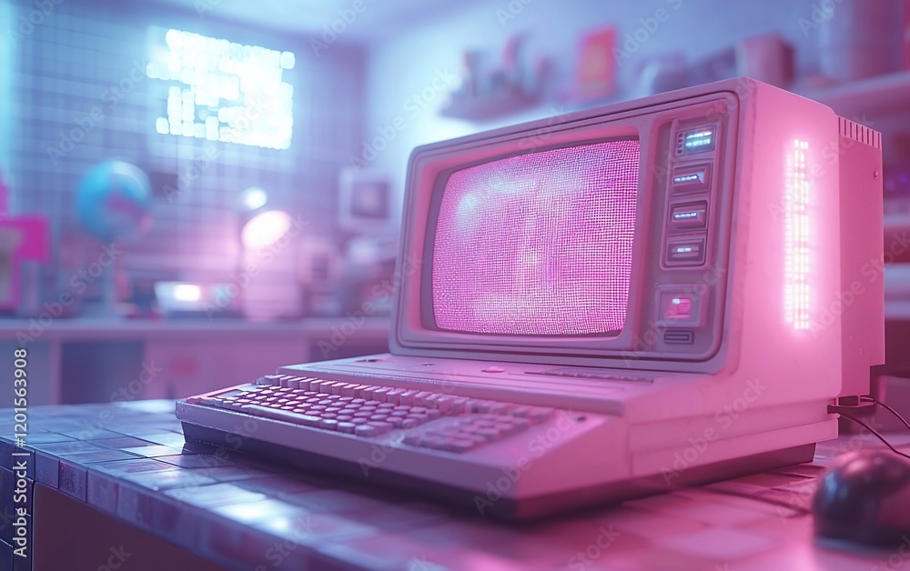 Poster retro computer with crt monitor in a vibrant pink-lit room.
