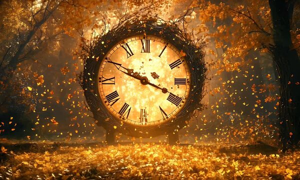 Enchanted forest scene featuring a large clock made of branches surrounded by falling autumn leaves