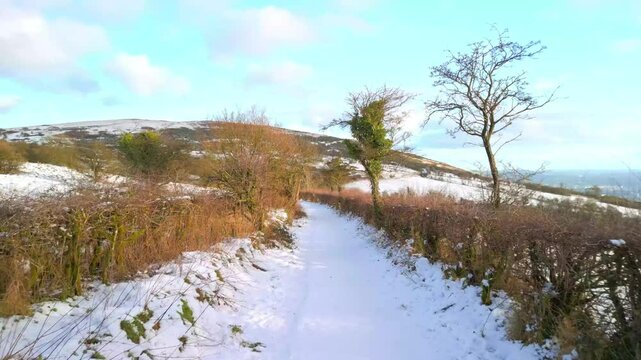 Aerial shot of a snow covered footpath on Cavehill Mountain in Northern Ireland. The camera moves forward, over the snow and past the trees and shrubbery. Shot in 4K, 60fps and in Rec709 color.