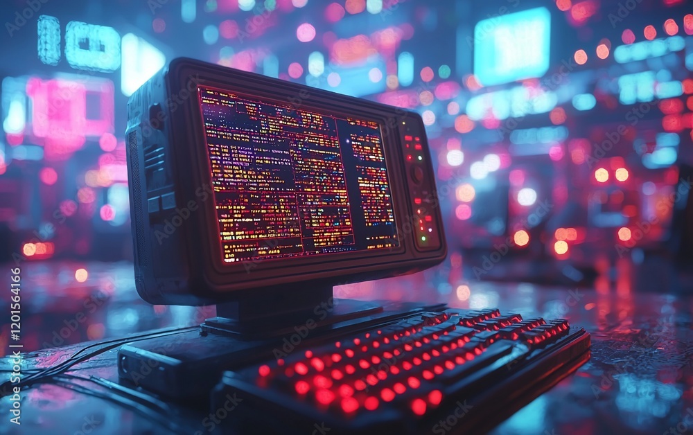 Aufkleber Retro computer with red keyboard in cyberpunk city.