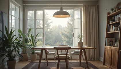 Obraz premium Minimalist dining room with natural light.