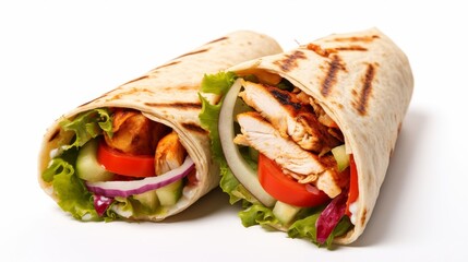 A grilled chicken burrito isolated on white background