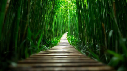 Fototapeta premium serene nature view of dense bamboo forest with narrow wooden path leading through lush greenery