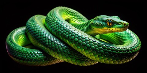 Fototapeta premium Surreal Green Snake on Black: Ethereal Reptile Photography