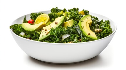 A bowl of salad with avocado isolated on white background