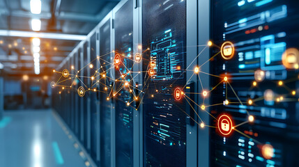 Obraz premium Digital network connections in data center with security icons and servers
