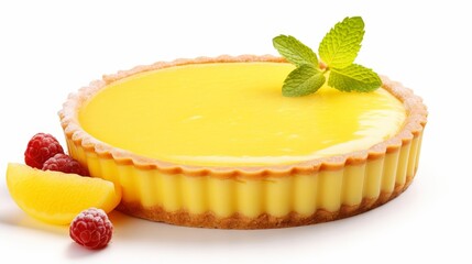 Lemon tart with gold crust isolated on white background