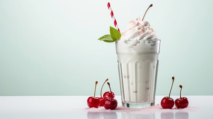 Milkshake with whipped cream and cherry isolated on white background